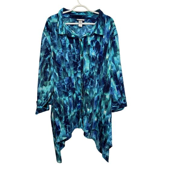 Catherines Tops - Catherines blue abstract button down‎ shirt womens 5X wacky art to wear artsy